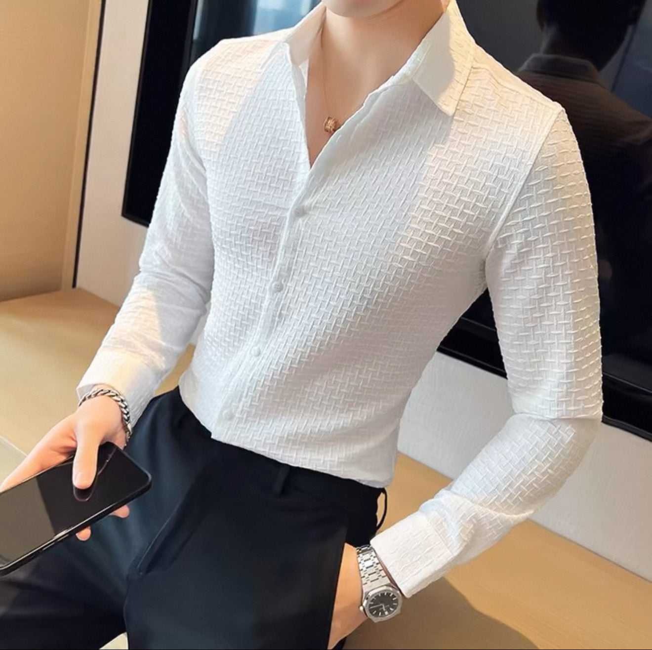 Jacquard elastic high-grade shirt men's long sleeve spring and autumn new style handsome men's top business plaid shirt