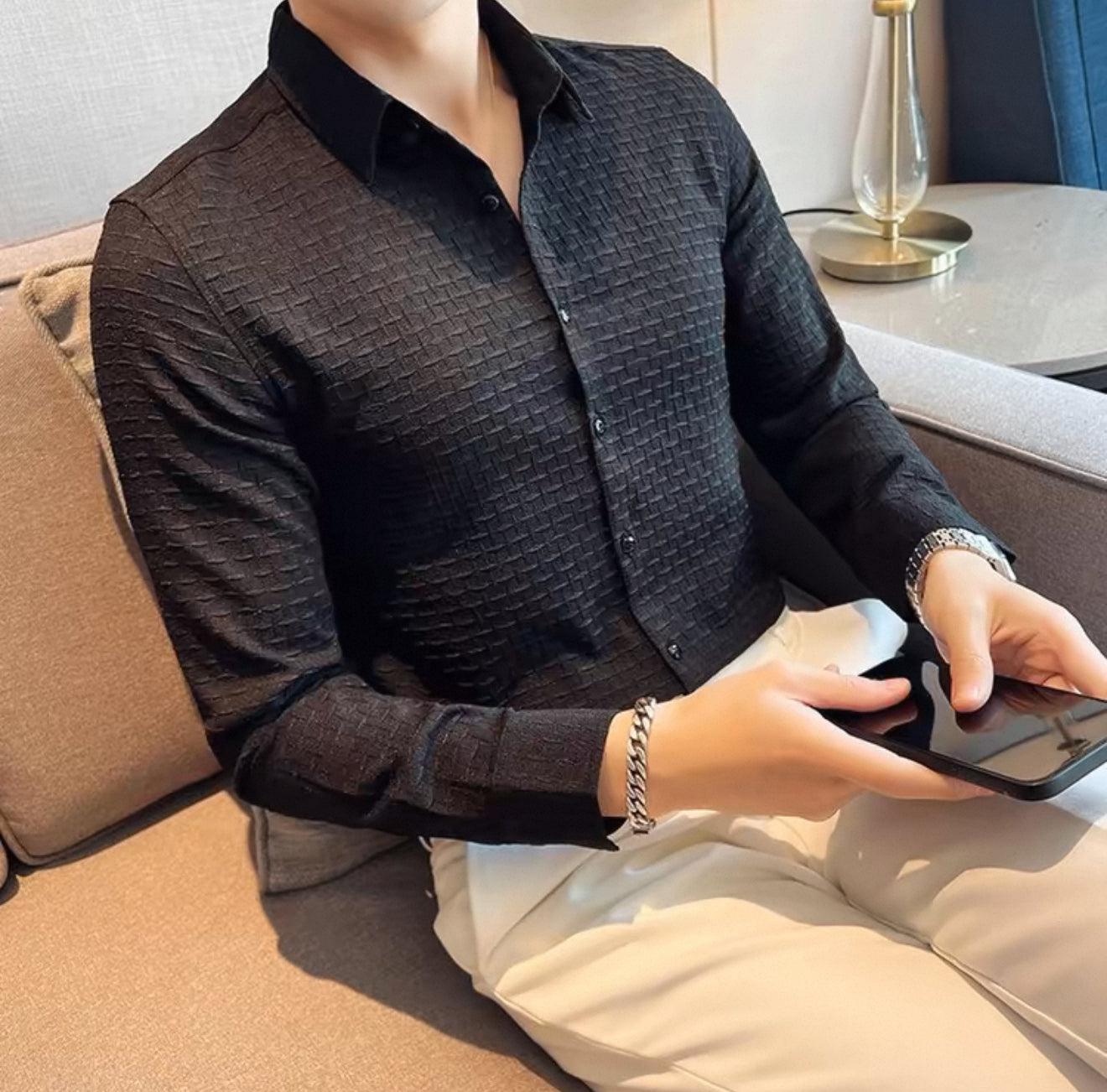 Jacquard elastic high-grade shirt men's long sleeve spring and autumn new style handsome men's top business plaid shirt