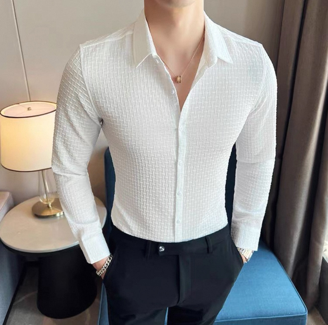 Jacquard elastic high-grade shirt men's long sleeve spring and autumn new style handsome men's top business plaid shirt