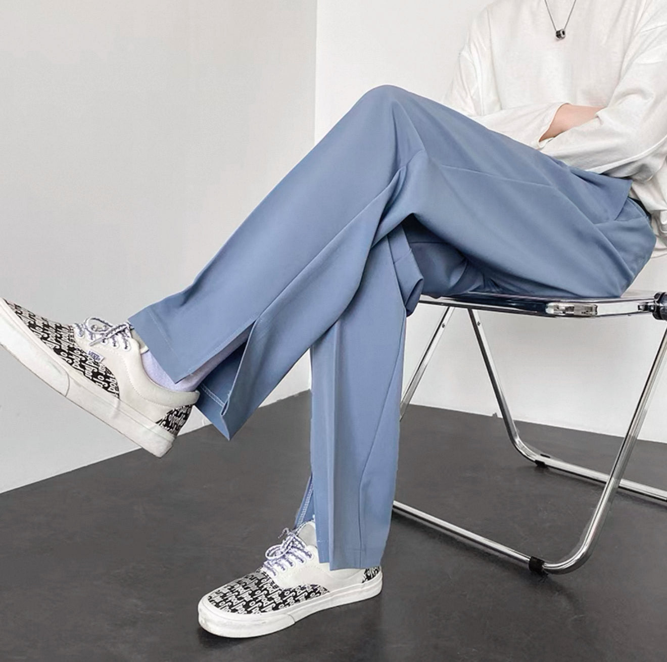 Light mature style men's wear high-end street-style trousers ins trendy and handsome design trouser leg split straight trousers men's spring