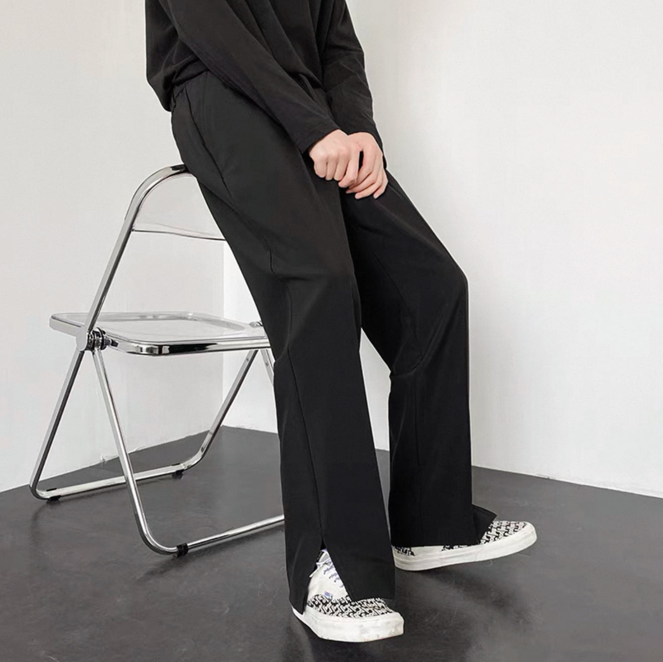 Light mature style men's wear high-end street-style trousers ins trendy and handsome design trouser leg split straight trousers men's spring