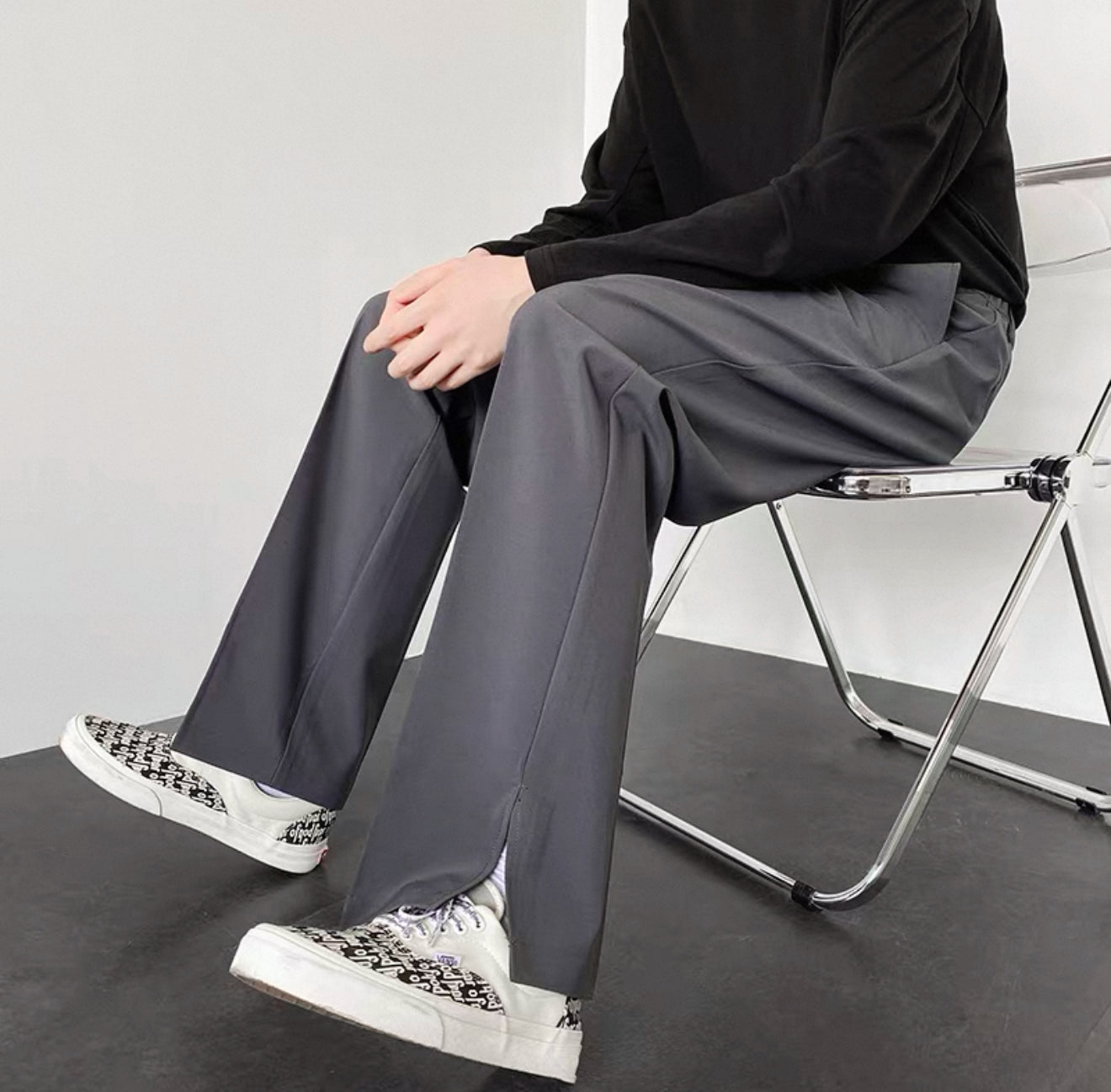 Light mature style men's wear high-end street-style trousers ins trendy and handsome design trouser leg split straight trousers men's spring
