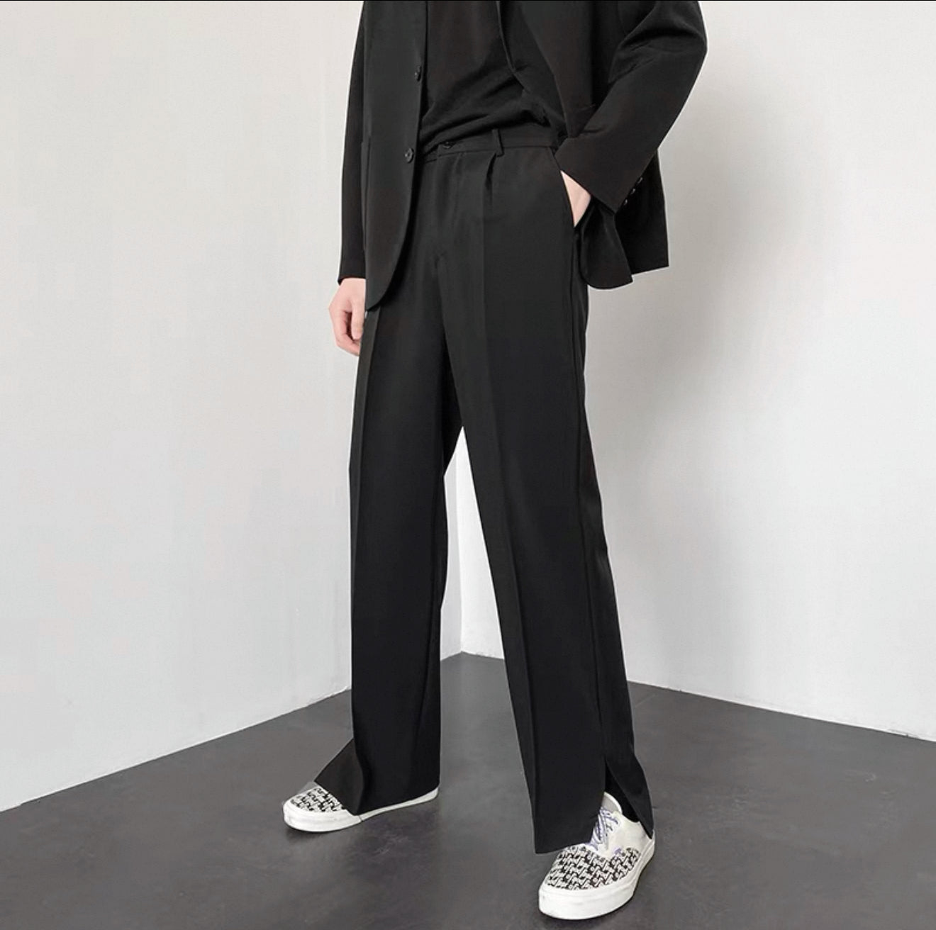 Light mature style men's wear high-end street-style trousers ins trendy and handsome design trouser leg split straight trousers men's spring