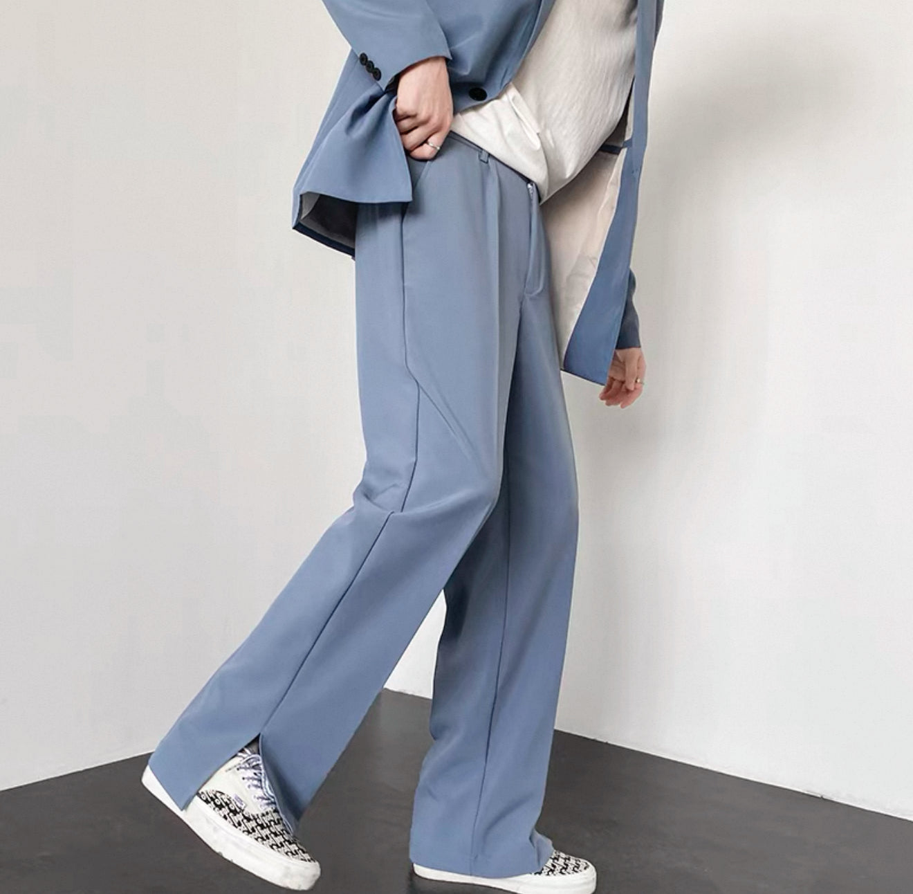 Light mature style men's wear high-end street-style trousers ins trendy and handsome design trouser leg split straight trousers men's spring