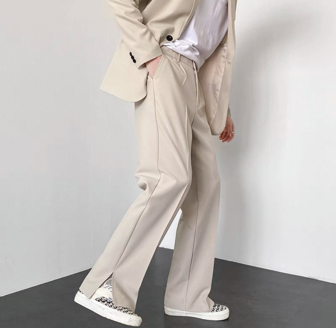 Light mature style men's wear high-end street-style trousers ins trendy and handsome design trouser leg split straight trousers men's spring