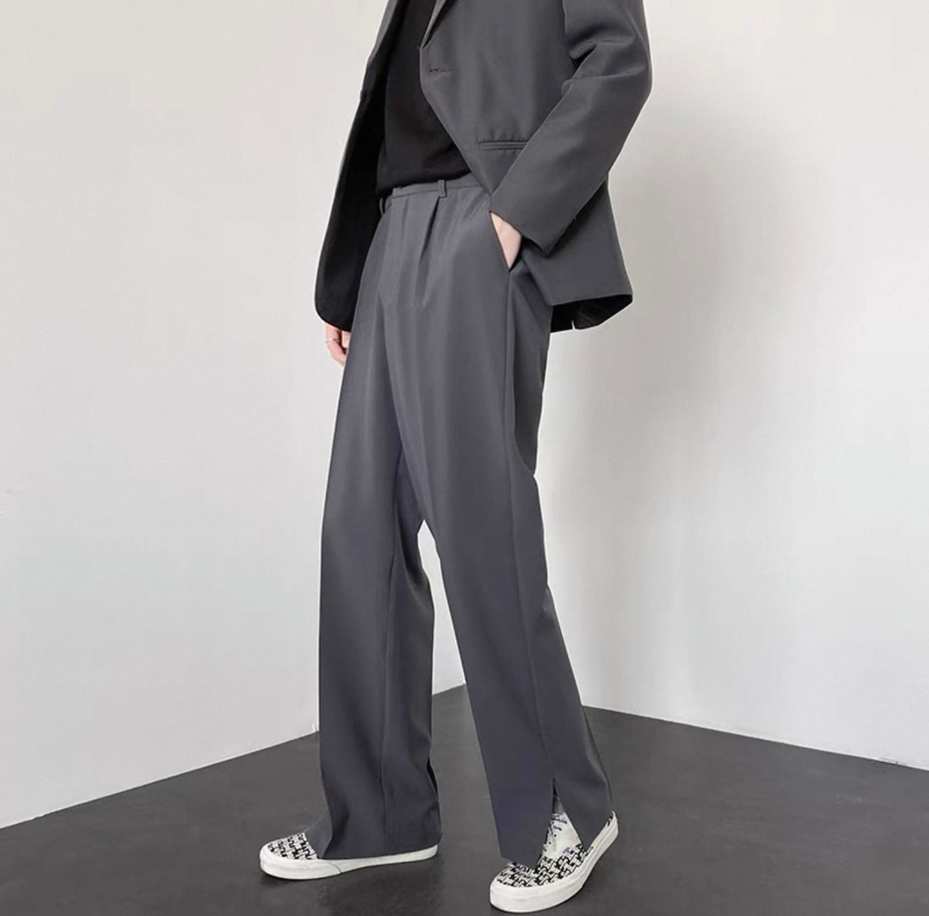 Light mature style men's wear high-end street-style trousers ins trendy and handsome design trouser leg split straight trousers men's spring