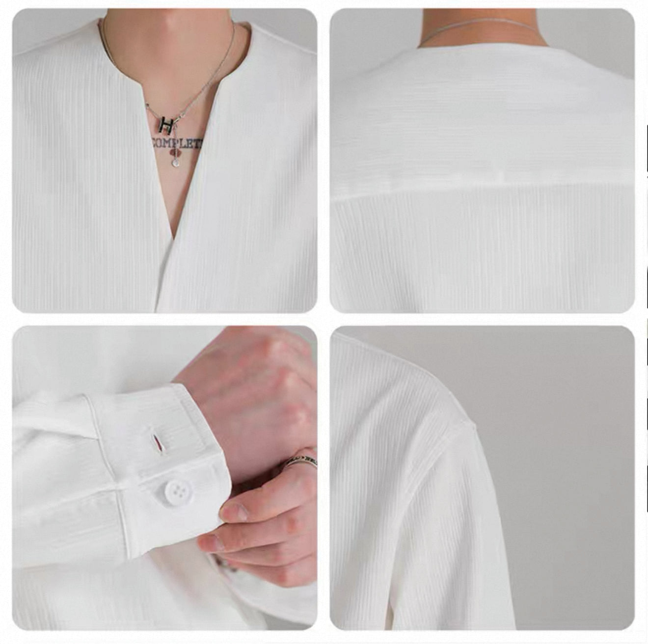 Light luxury high-end Korean loose pullover long-sleeved shirt men's autumn trendy brand handsome V-neck collarless non-iron shirt