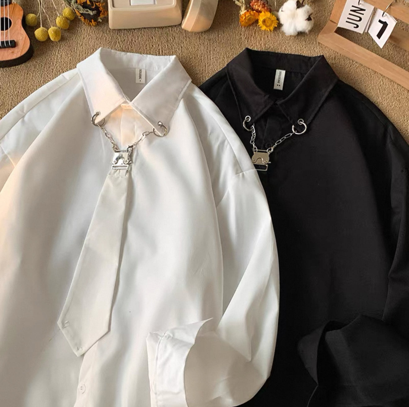 Japanese style high-end tie shirt men's long-sleeved Korean version all-match trend loose college style handsome casual white shirt