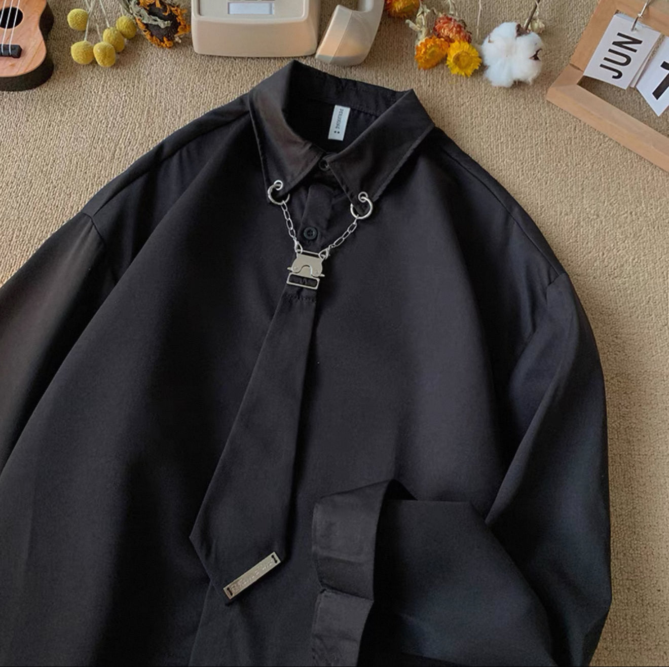 Japanese style high-end tie shirt men's long-sleeved Korean version all-match trend loose college style handsome casual white shirt