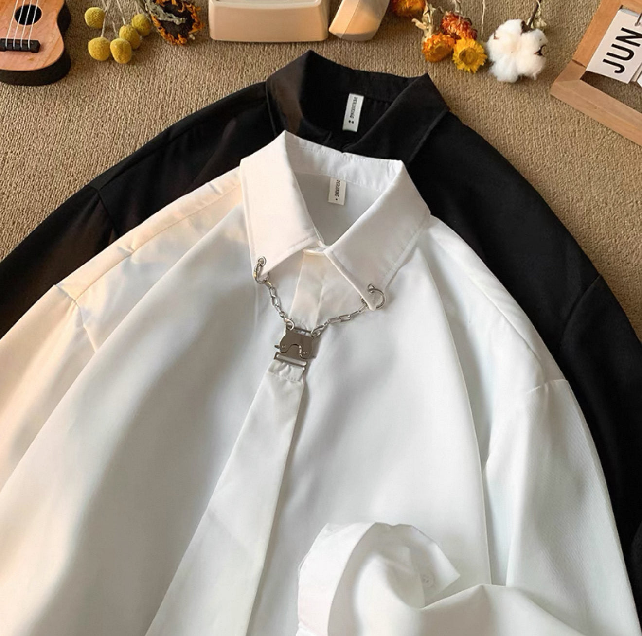 Japanese style high-end tie shirt men's long-sleeved Korean version all-match trend loose college style handsome casual white shirt