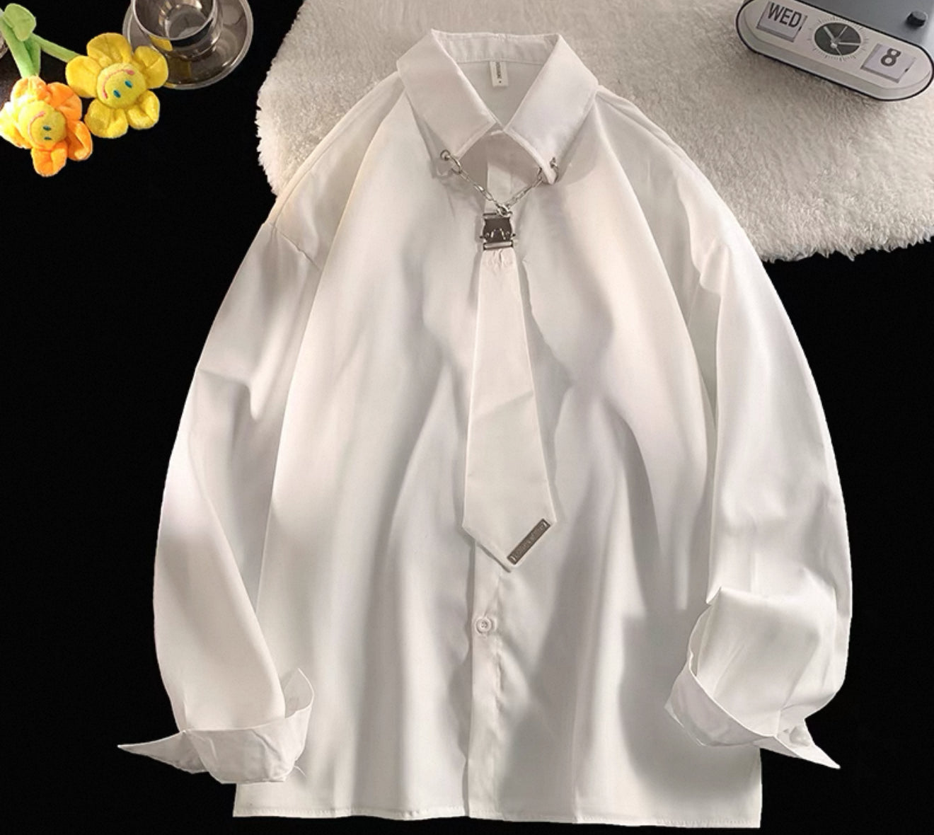 Japanese style high-end tie shirt men's long-sleeved Korean version all-match trend loose college style handsome casual white shirt