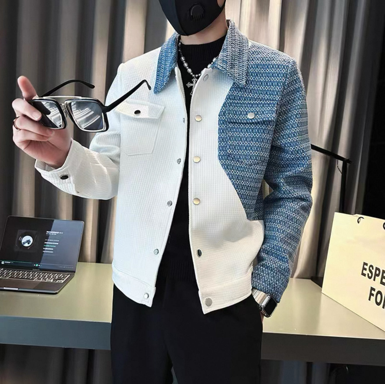 Denim patchwork jacket men's trendy brand high-end spring and autumn new casual jacket men's lapel spring wear light mature style top