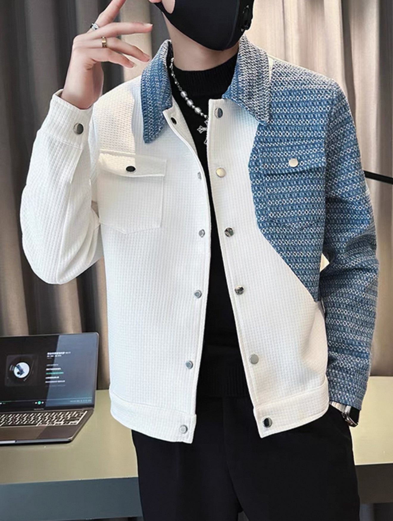 Denim patchwork jacket men's trendy brand high-end spring and autumn new casual jacket men's lapel spring wear light mature style top