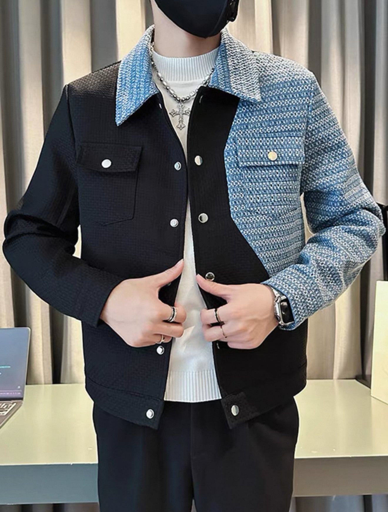 Denim patchwork jacket men's trendy brand high-end spring and autumn new casual jacket men's lapel spring wear light mature style top