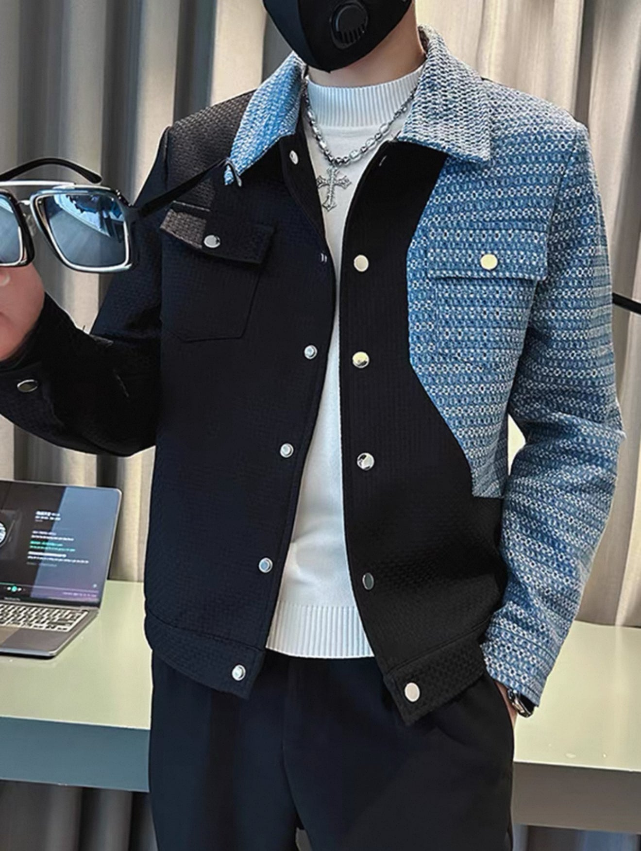 Denim patchwork jacket men's trendy brand high-end spring and autumn new casual jacket men's lapel spring wear light mature style top