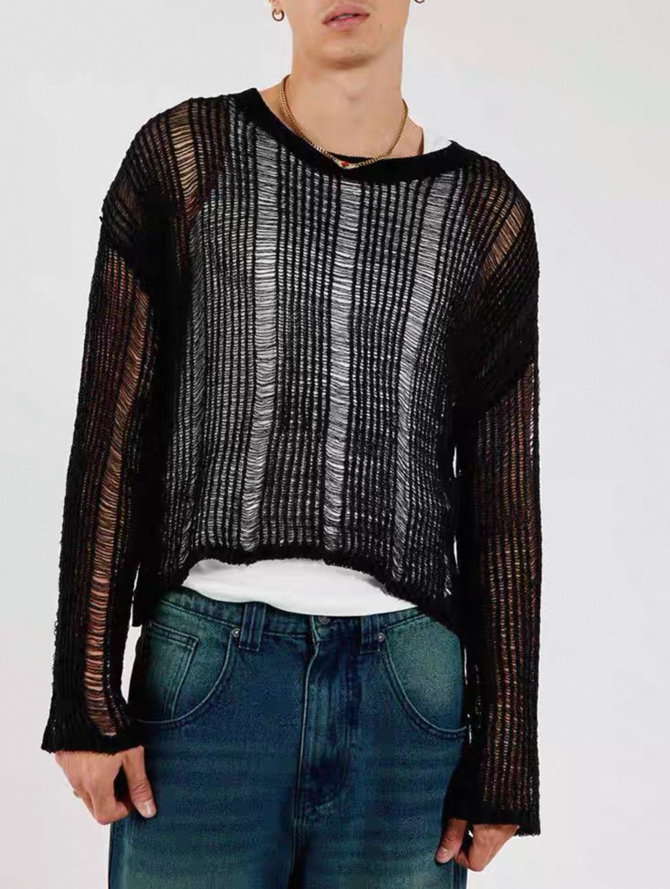 2025 autumn new elastic hollow micro-transparent sweater men's long-sleeved loose knitwear Men's knitwear