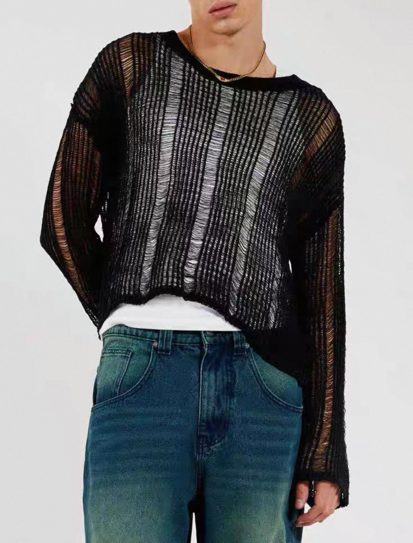 2025 autumn new elastic hollow micro-transparent sweater men's long-sleeved loose knitwear Men's knitwear