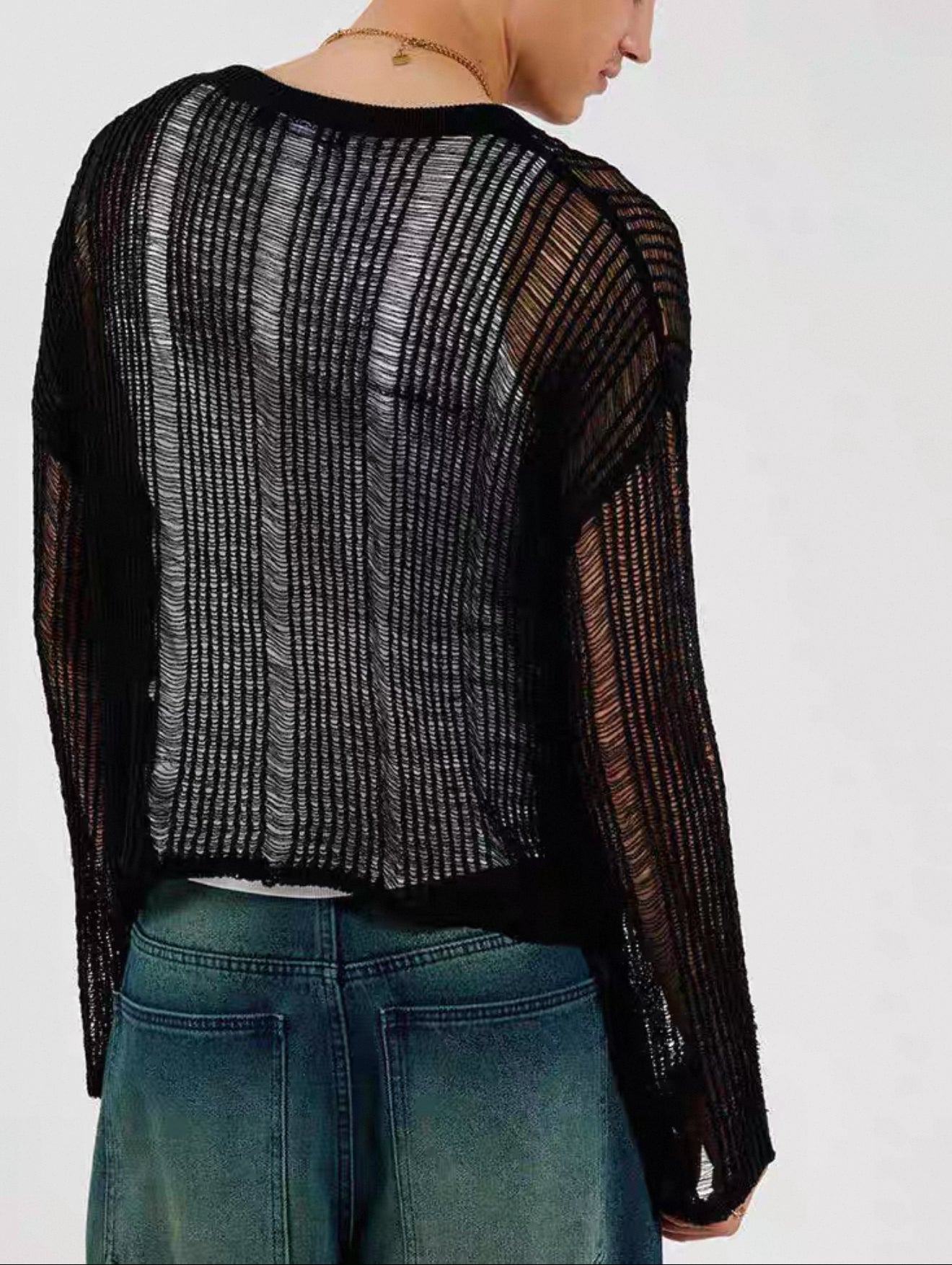 2025 autumn new elastic hollow micro-transparent sweater men's long-sleeved loose knitwear Men's knitwear
