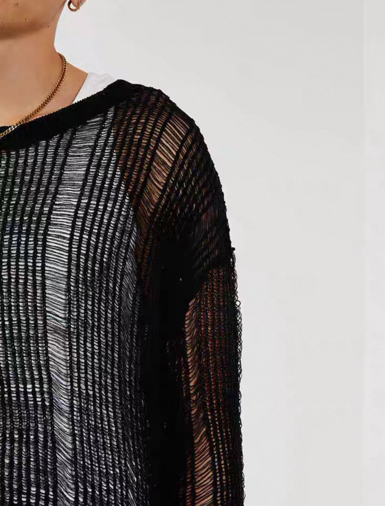 2025 autumn new elastic hollow micro-transparent sweater men's long-sleeved loose knitwear Men's knitwear