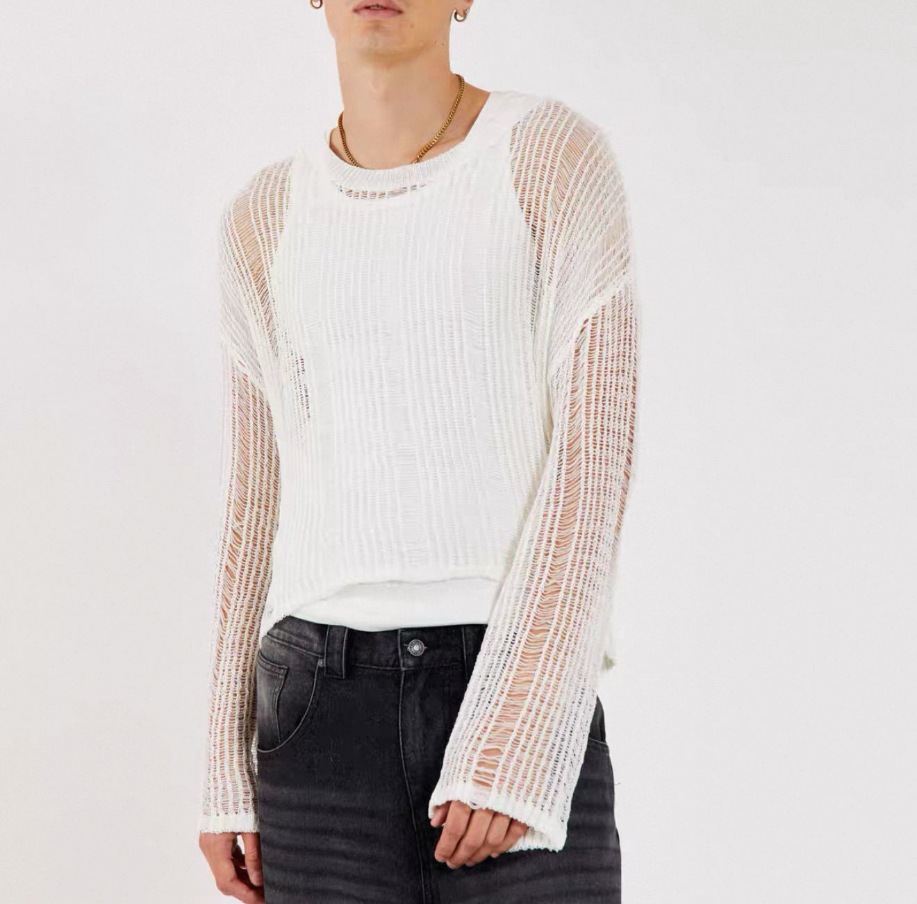 2025 autumn new elastic hollow micro-transparent sweater men's long-sleeved loose knitwear Men's knitwear