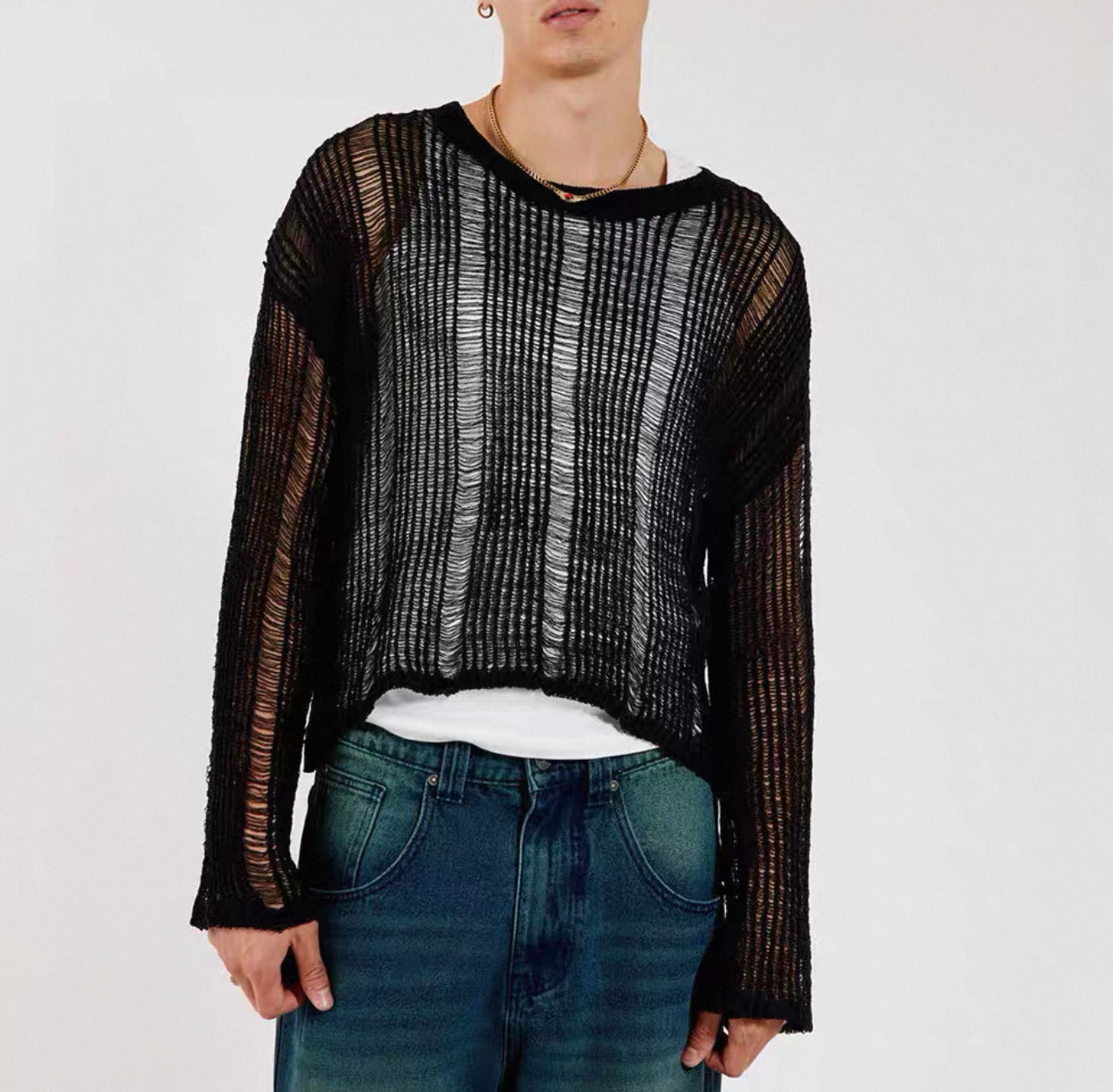 2025 autumn new elastic hollow micro-transparent sweater men's long-sleeved loose knitwear Men's knitwear