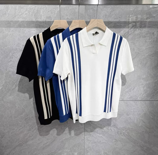 New summer striped contrast lapel knitted V-neck half-sleeve ice silk breathable casual all-match