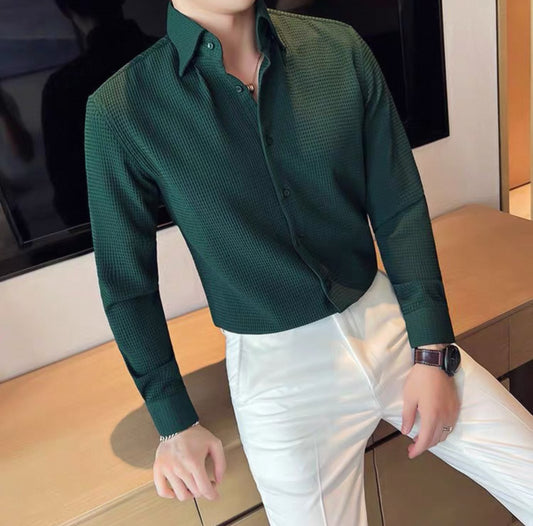 Jacquard elastic high-grade shirt men's long sleeve spring and autumn new style handsome men's top business plaid shirt