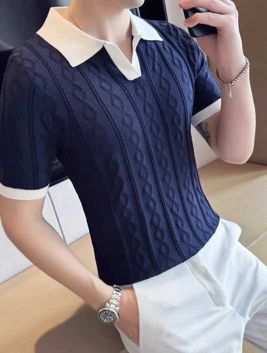 Summer breathable Italian color matching light mature trendy men's Polo shirt V lapel elastic texture slim short-sleeved knitted sweater