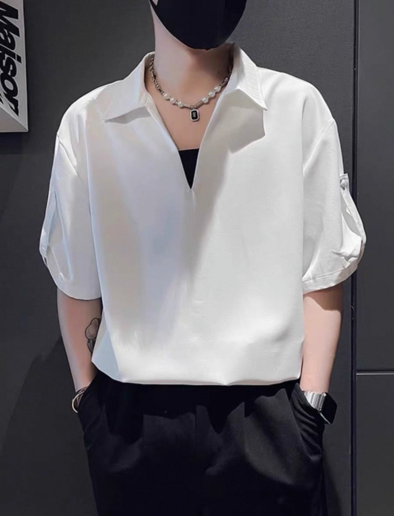 High-end V-neck solid color POLO shirt for men Summer trendy brand handsome short-sleeved T-shirt 2025 new men's casual tops