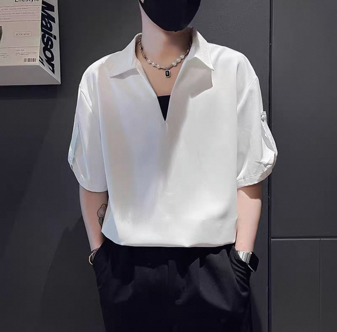 High-end V-neck solid color POLO shirt for men Summer trendy brand handsome short-sleeved T-shirt 2025 new men's casual tops