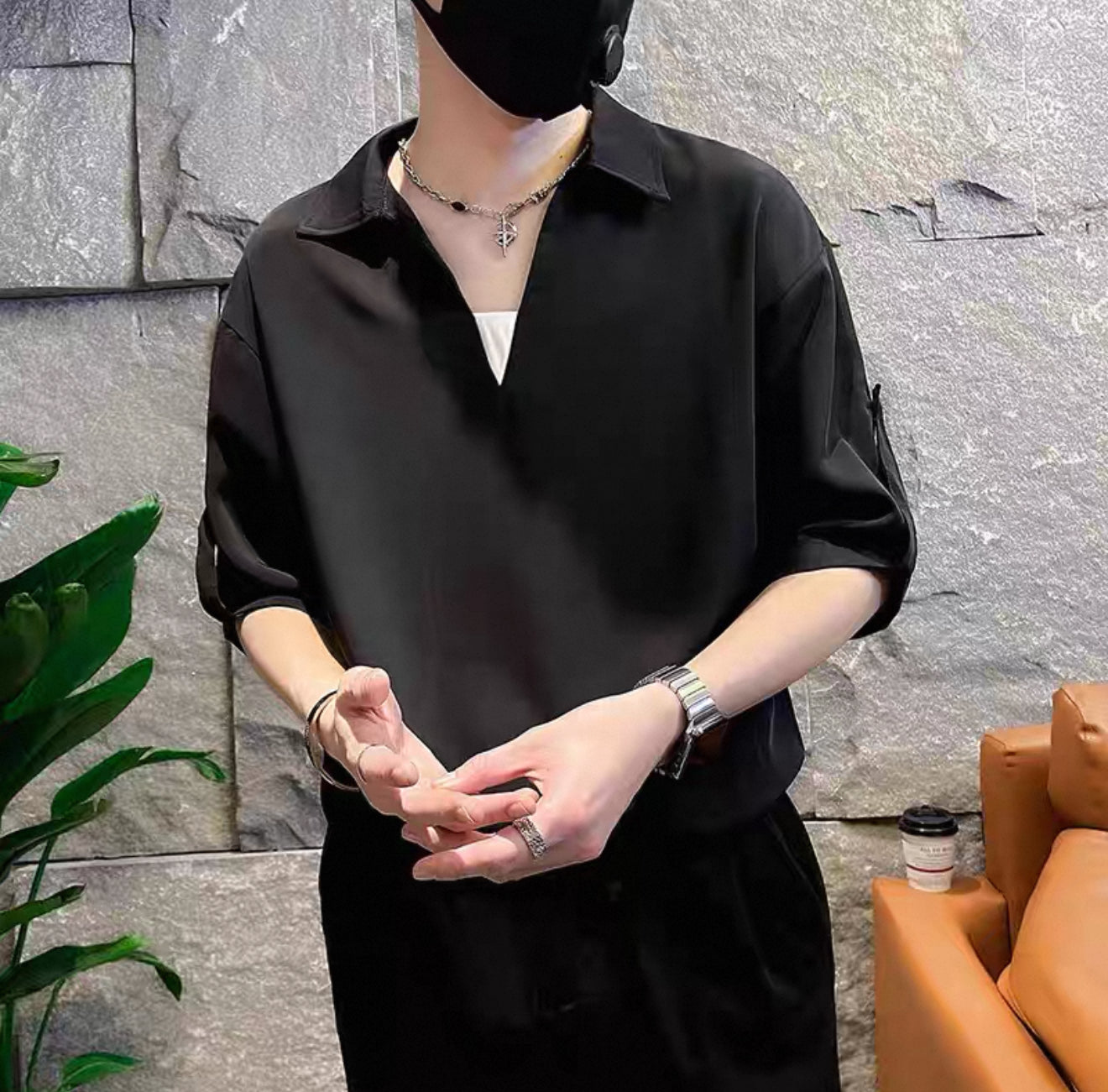 High-end V-neck solid color POLO shirt for men Summer trendy brand handsome short-sleeved T-shirt 2025 new men's casual tops