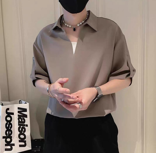 High-end V-neck solid color POLO shirt for men Summer trendy brand handsome short-sleeved T-shirt 2025 new men's casual tops