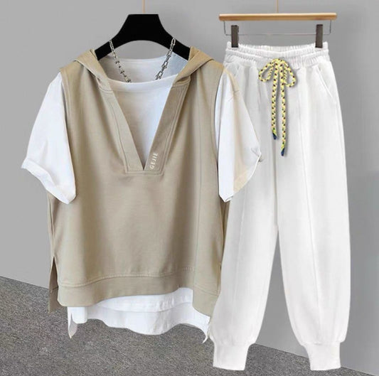 Two-piece hooded embroidered short-sleeved T-shirt men's summer ins style trendy all-match student couple loose half-sleeved suit