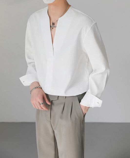 Light luxury high-end Korean loose pullover long-sleeved shirt men's autumn trendy brand handsome V-neck collarless non-iron shirt