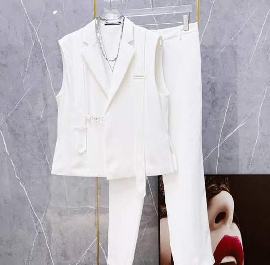Handsome suit vest with slits on both sides and ribbons for men's outerwear 2025 Korean version loose suit two-piece suit