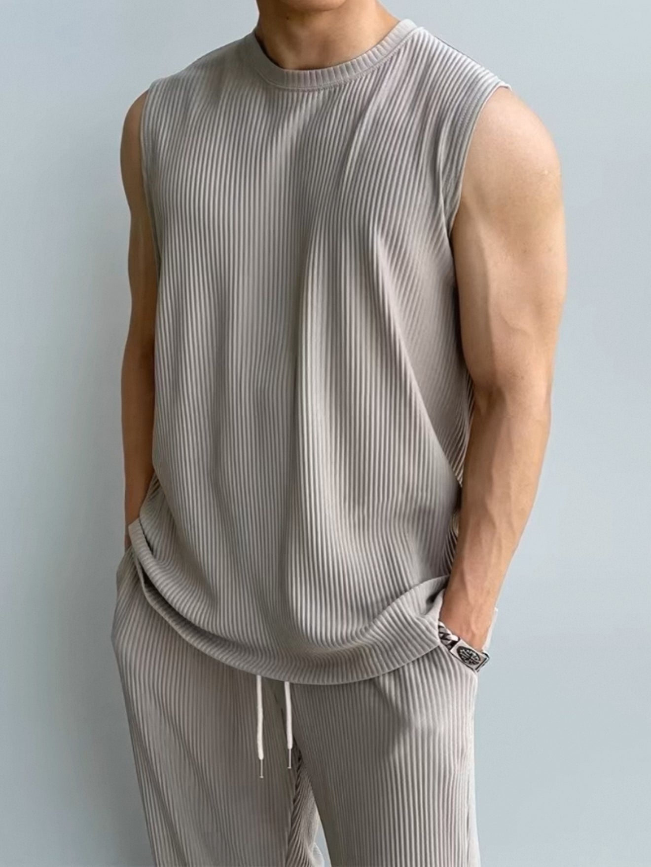 American tough guy vest trousers sports suit muscle man fitness training sleeveless t-shirt men ice silk skin-friendly waistcoat