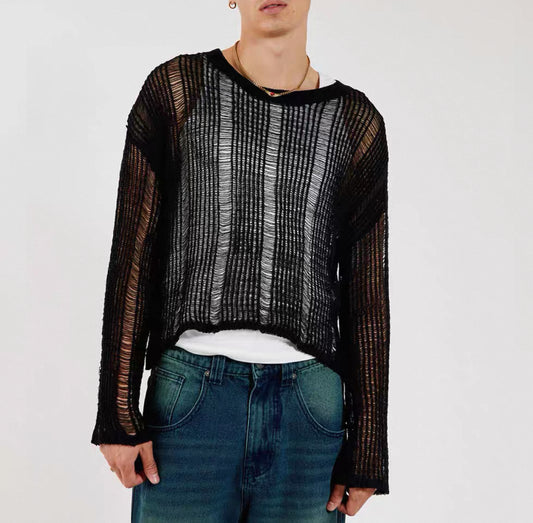 2025 autumn new elastic hollow micro-transparent sweater men's long-sleeved loose knitwear Men's knitwear